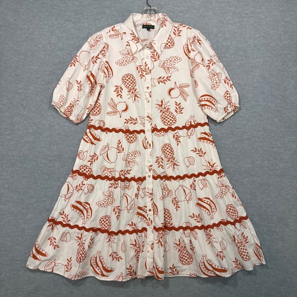 Meadow Rhodes Dresses & Skirts - Meadow Rhodes‎ Orange Fruit Print Cotton Tiered Ric Rac Shirt Dress Small Womens